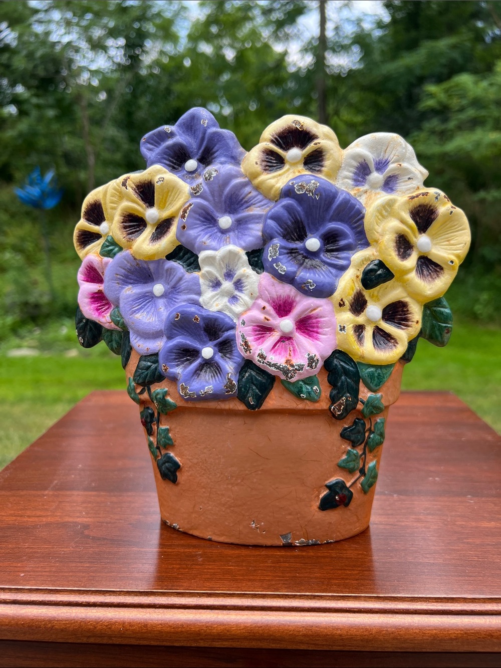 Vintage Folk Art Handpainted Colorful Pansies in Flower Pot Cast Iron Doorstop